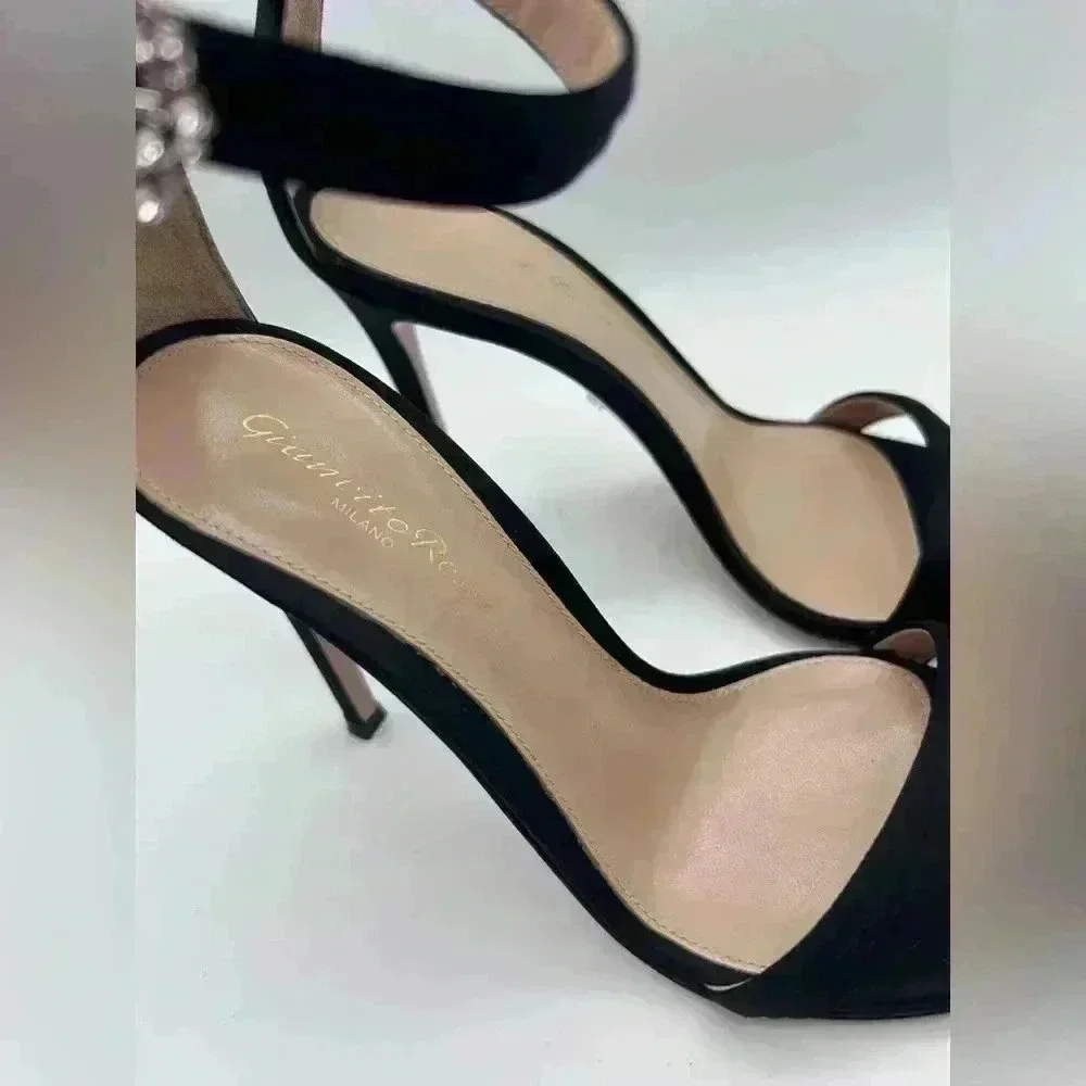 GIANVITO ROSSI Ava Crystal Embellished Satin Sandals Heels Black Size 37 - Picture 3 of 14